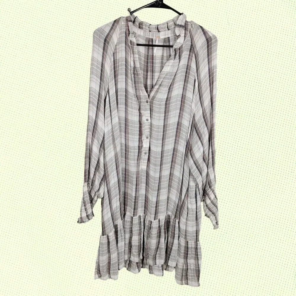 FREE PEOPLE Tunic Mini Dress XS Beige Plaid Red Moon Cotton Blend Gauze Cottage